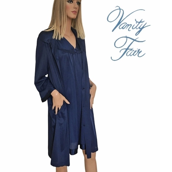 Vintage Vanity Fair Peignoir Set Lingerie Nightgown Robe Navy Sleep Embroidery - Picture 15 of 16
